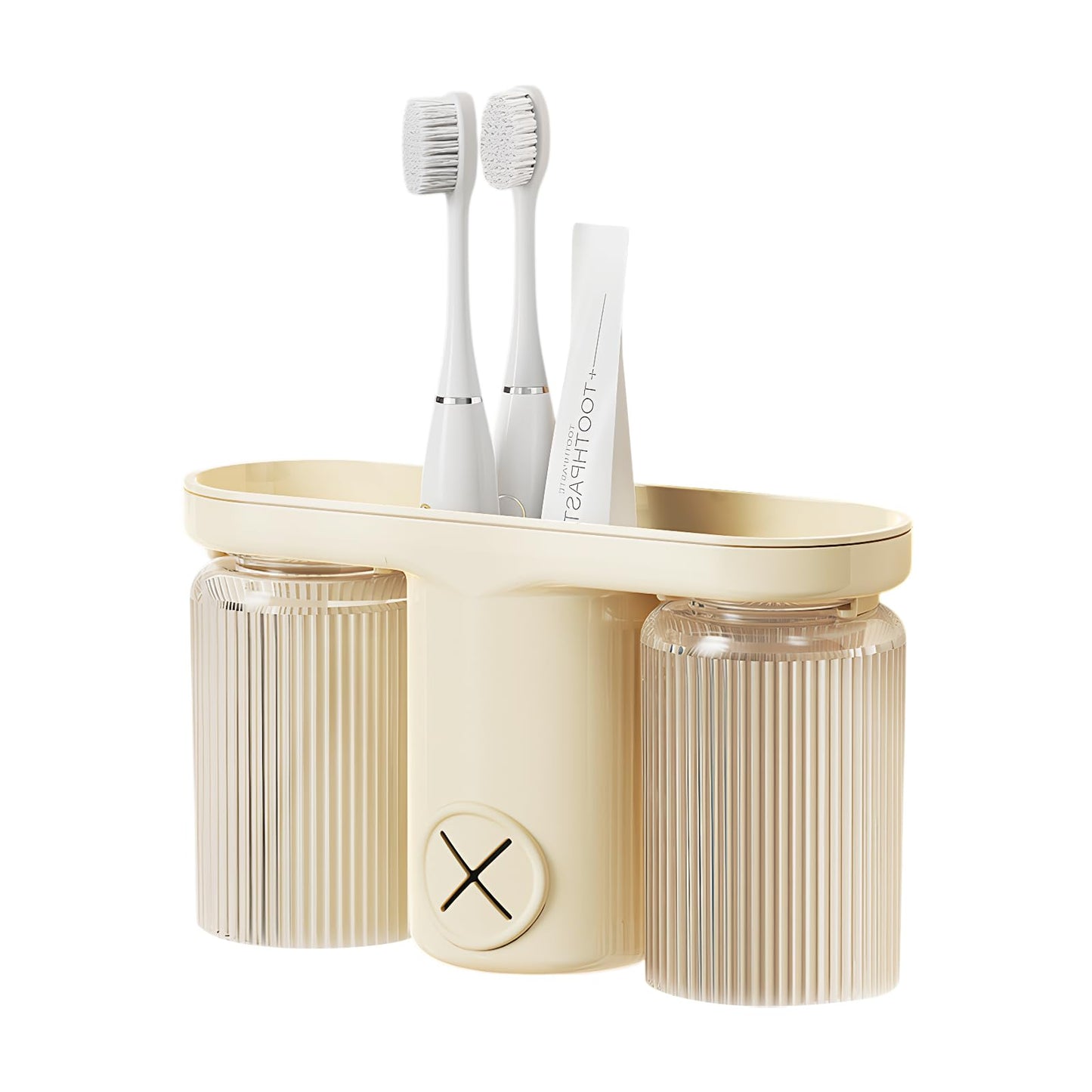 Toothbrush Holder Wall Mounted, Large Capacity Beige Self Adhesive Toothbrush Holder with Drain Holes and 2 Cup No Drilling Required, for Toothbrush,