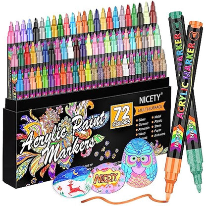 NICETY Acrylic Paint Pens Set - 72 Colours Paint Markers for Rock Painting Stone Glass Ceramic Wood Metal Fabric - 0.7mm Extra Fine Tip Water Based Acrylic Markers for Adults