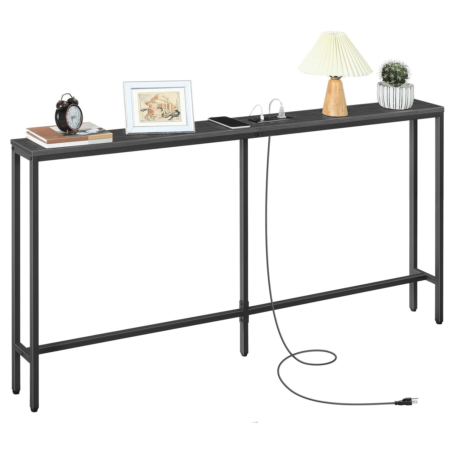 MAHANCRIS Skinny Console Table with Power Outlets, 160 cm Narrow Sofa Table, Behind Couch Table with Charging Station for Plants, Living Room