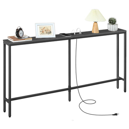 MAHANCRIS Skinny Console Table with Power Outlets, 160 cm Narrow Sofa Table, Behind Couch Table with Charging Station for Plants, Living Room