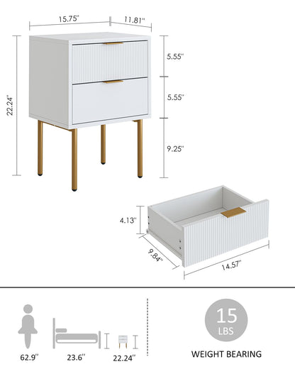HEYZOEY Bedside Table, Small Bedside Tables with 2 Drawers, Wooden Nightstand with Gold Legs, Mid-Century Modern Bed Side End Table for Bedroom