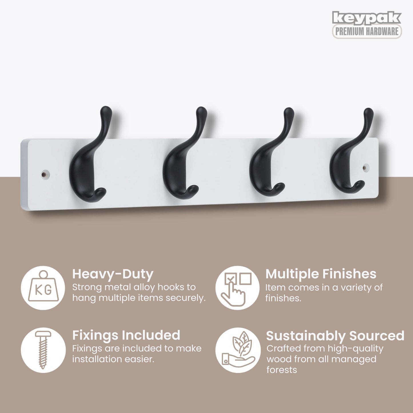 keypak 4 Matte Black Coat Hooks on White Wooden 46cm Board. 3.4kg Per Hook