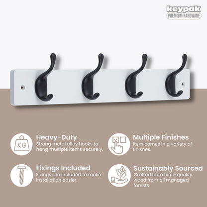 keypak 4 Matte Black Coat Hooks on White Wooden 46cm Board. 3.4kg Per Hook