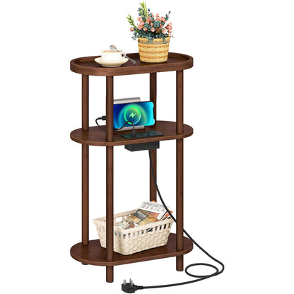 HOOBRO Narrow Side Table with Charging Station, 3 Tier Bamboo Slim End Table, 40 x 20 x 66 cm Narrow Bedside Table, Sofa Side Table, for Living Room