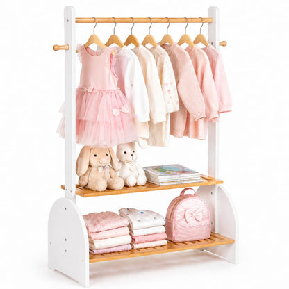 BAMBOOHOMIE Kids Clothing Rack with Adjustable Rods, Children Clothes Garment Rack for Kids Baby Pet, Kids Dress Up Rack with 2 bottom shelves