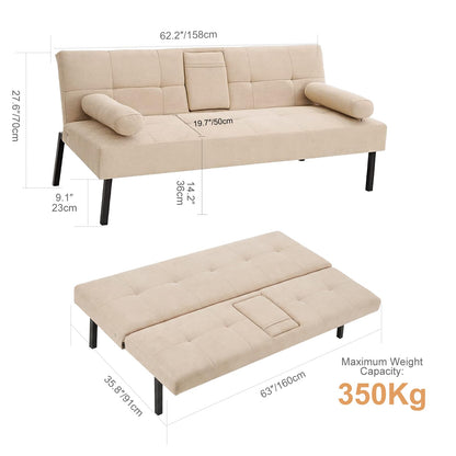 Panana Click Clack Sofa Bed Linen Fabric 3 Seater Sofa Couch Living Room/Spare Room/Guest Room Bed Settee With Cup Holders, Beige