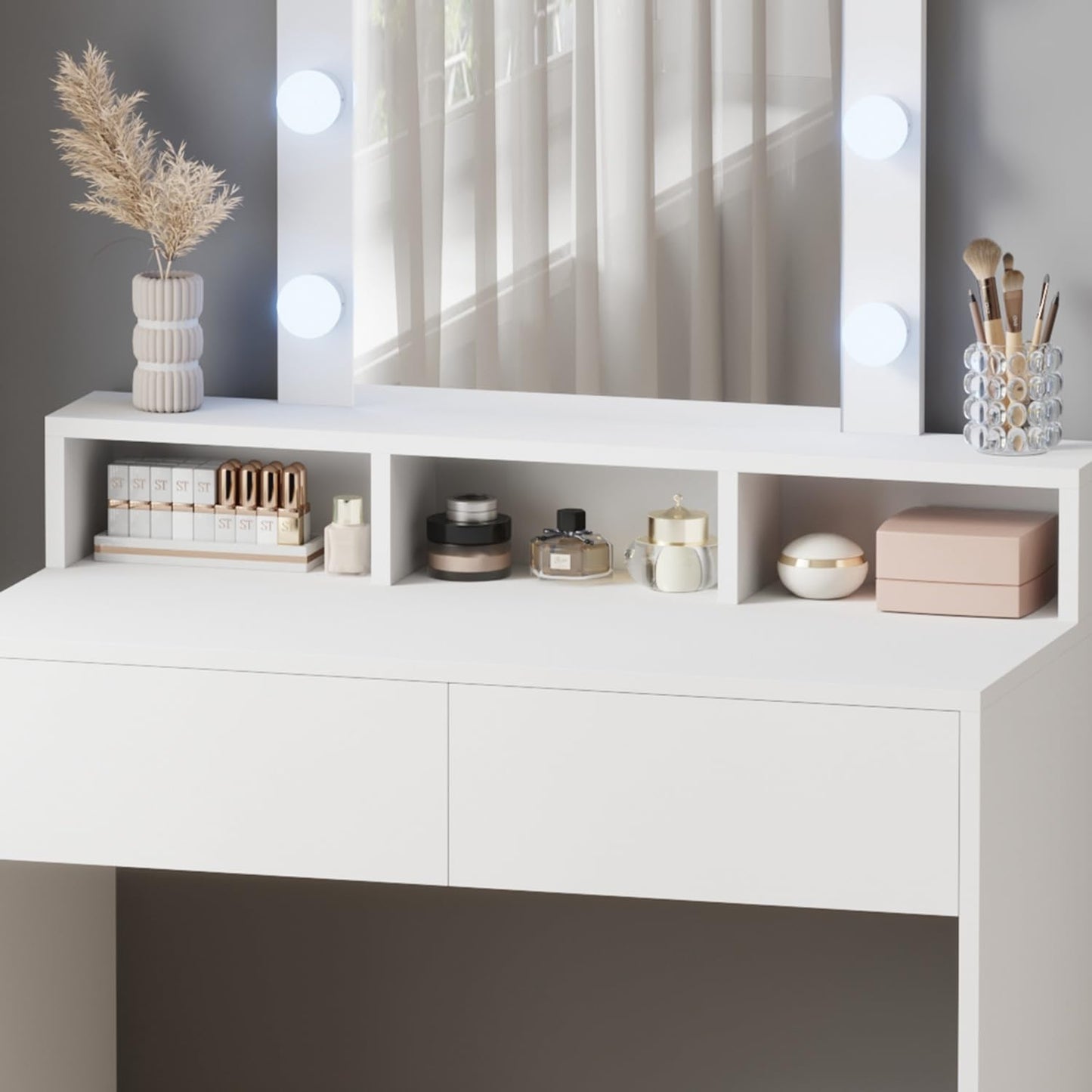 WestWood Modern LED Dressing Table with Hollywood Mirror, Makeup Vanity Desk with Drawers and Open Shelves