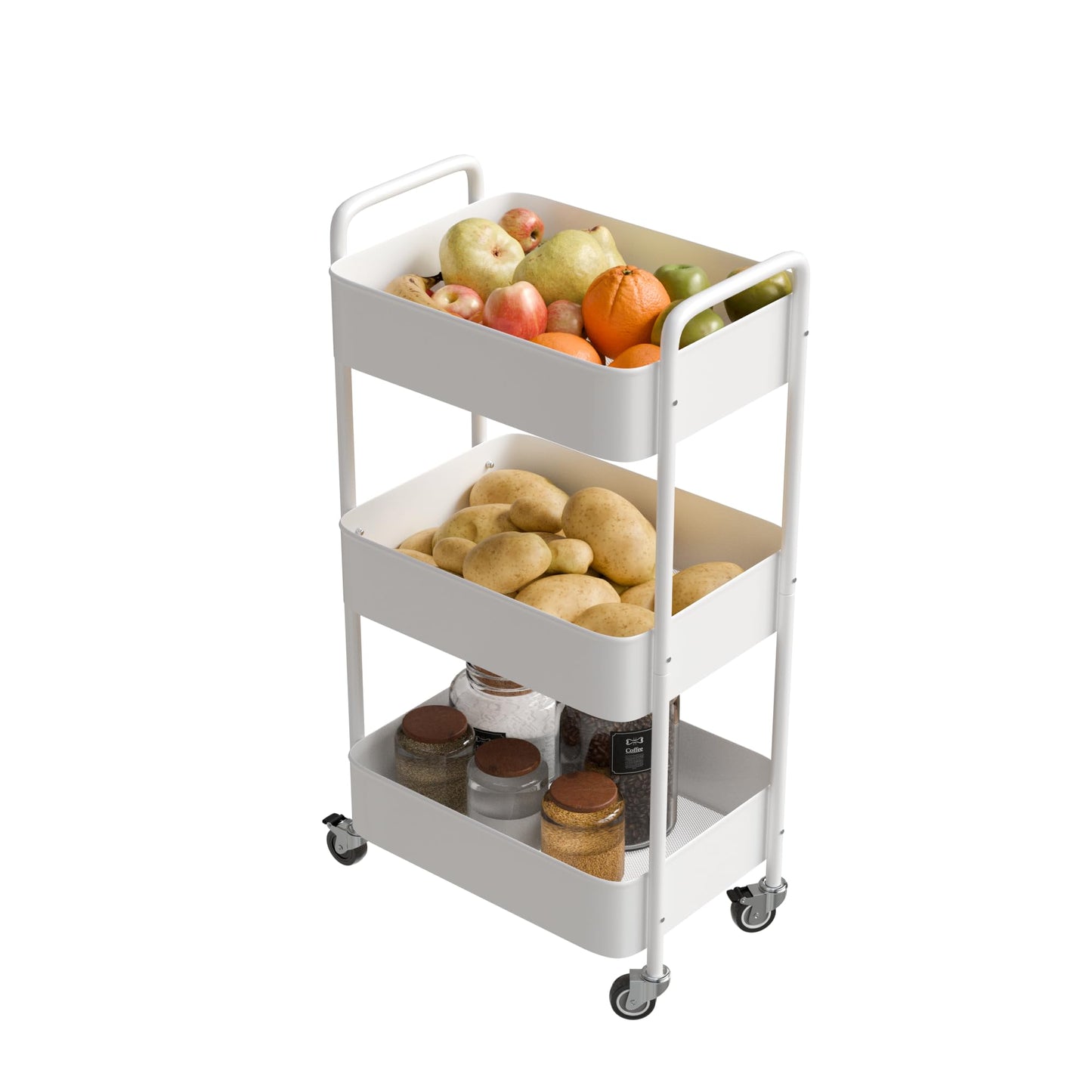 Amig – 3‑Tier kitchen trolley with castors Mod. LINN – Auxiliary steel shelving – White – Multipurpose trolley for kitchen, bathroom or office