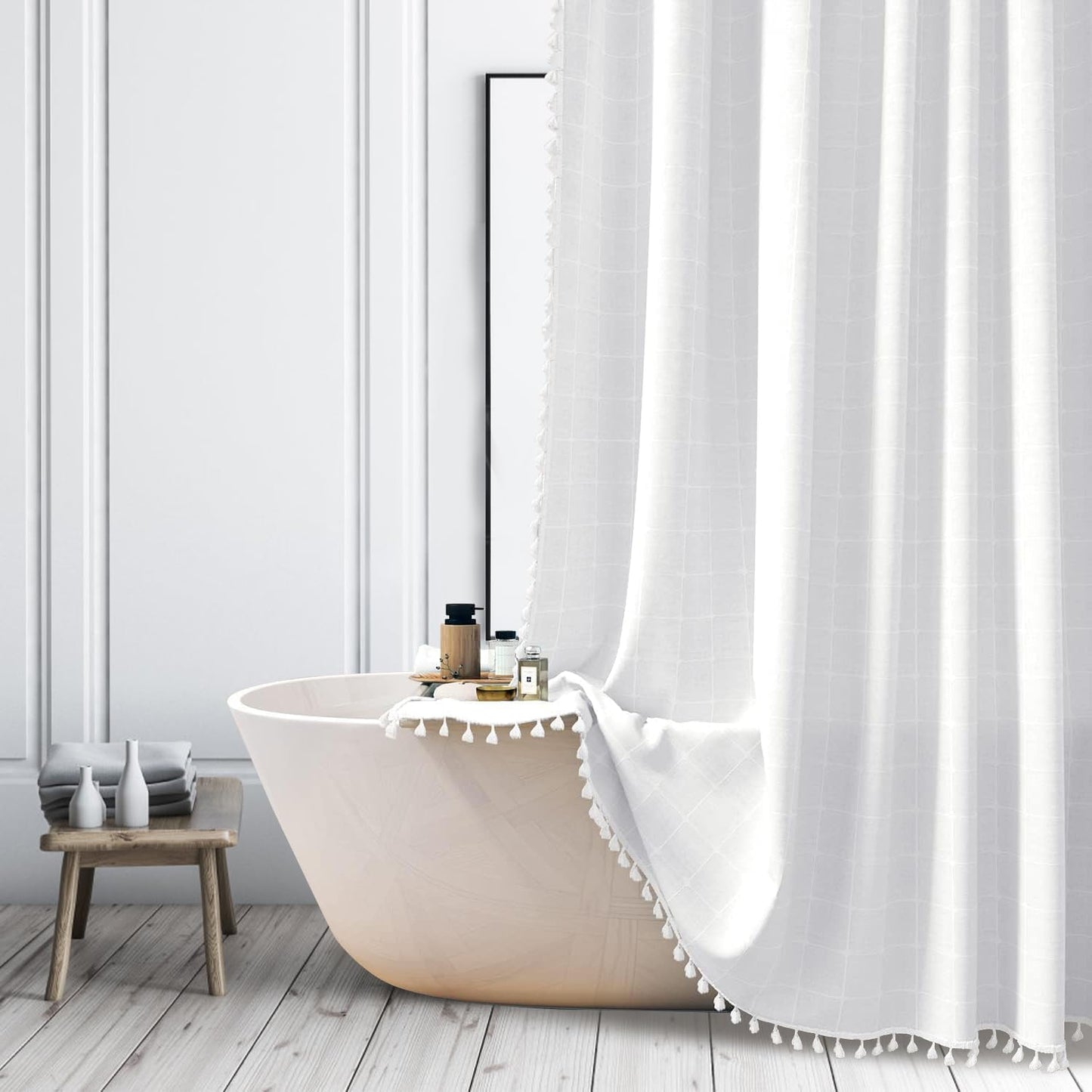 ggaimwf Farmhouse Bohemian White Long Shower Curtain Boho Modern Linen Fabric Shower Curtains for Bathroom Large Country Heavy Duty Thick Bathroom
