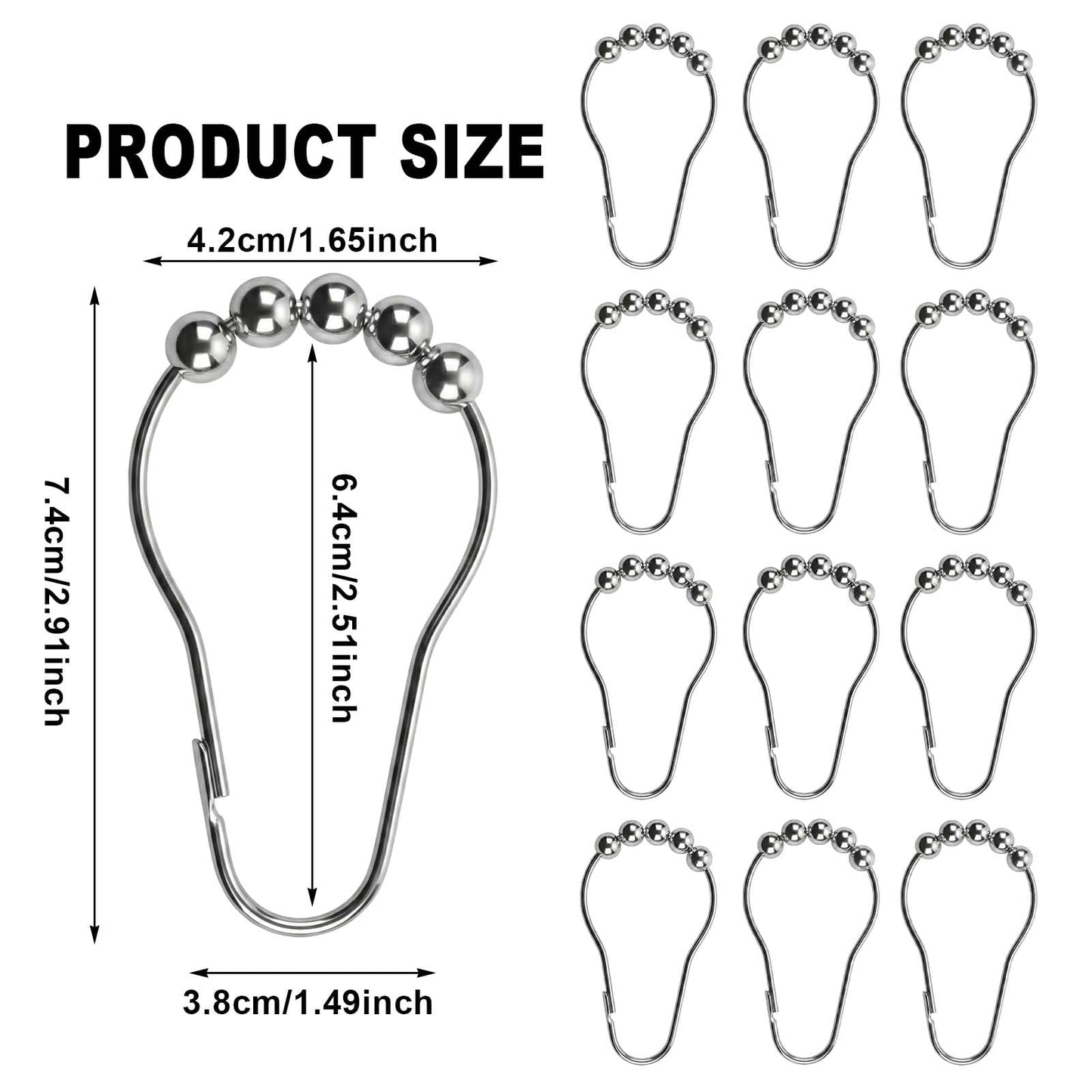 12 Pcs Stainless Steel Shower Curtain Hooks, Rustproof Metal Shower Curtain Rings with Roller Balls