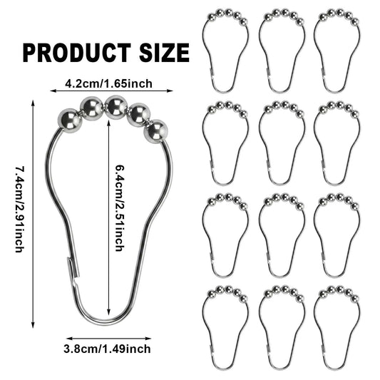 12 Pcs Stainless Steel Shower Curtain Hooks, Rustproof Metal Shower Curtain Rings with Roller Balls