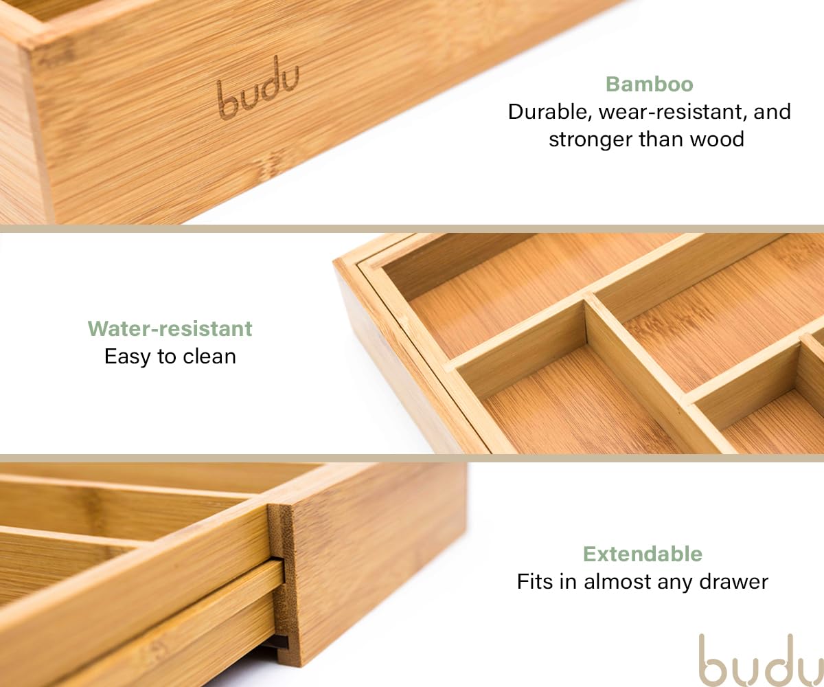 budu Cutlery Tray #50 (Depth 50 cm) Made of Bamboo - Drawer Organiser System for the Kitchen - Cutlery Tray for Bamboo Drawers - Extendable - Kitchen
