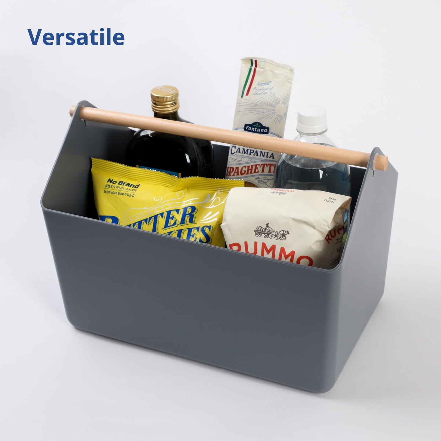 BLUE GINKGO Large Storage Basket – Plastic Caddy with Wooden Handle for Bathroom, Pantry, or Cleaning Supplies (Grey)