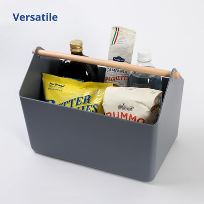 BLUE GINKGO Large Storage Basket – Plastic Caddy with Wooden Handle for Bathroom, Pantry, or Cleaning Supplies (Grey)