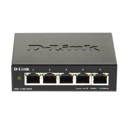 D-Link DGS-1100-05V2 5-Port Gigabit Smart Managed Switch with VLAN support, layer 2 features, QoS, 802.3az EEE, Fanless