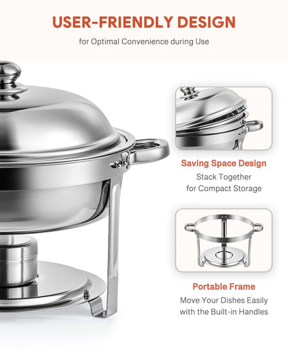 Wilprep Chafing Dish Buffet Set, 2 Pack 5L Stainless Steel Round Chafing Dishs Set,Food Warmer Kit with Lids and Food Pans for Restaurant Catering