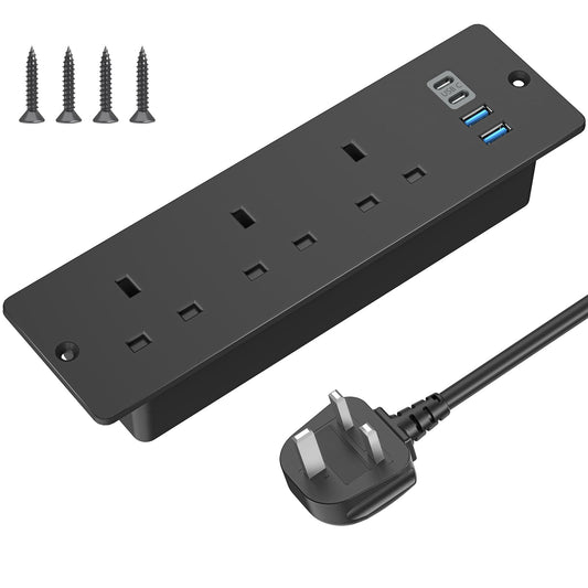 Recessed Power Socket with USB C, ANVODE Hidden Desk Power Sockets with 2 USB A, 2 USB-C Ports, 2M Power Extension Lead with 3 Outlets, Hidden in the
