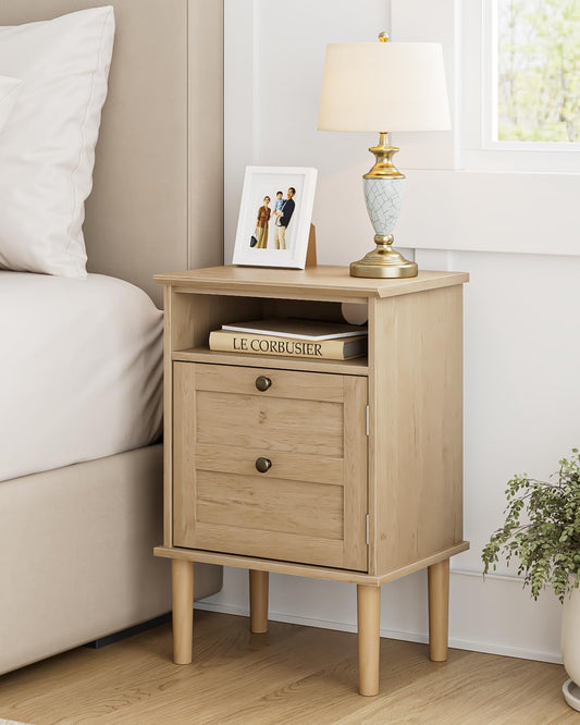 HEYZOEY Wooden Bedside Cabinet with Door & Open Top Shelf ? Side Table for Bedroom & Living Room,Fits Small Space(Natural Wood,15.35?x 11.42?x23.5?)