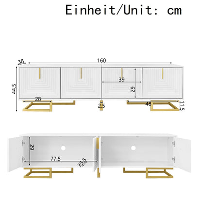 Ball & Cast TV Cabinet with Storage, White TV Stand with 4 Textured Doors, Golden Handles and Golden Legs, 160x38x44.5cm