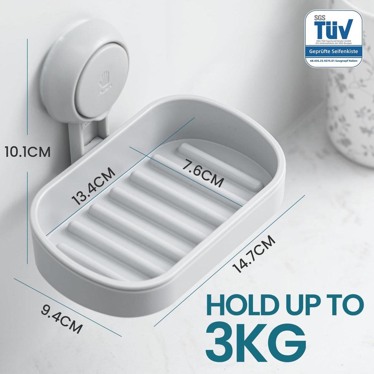 TAILI Suction Soap Dish for Shower, Drill-Free Wall Mounted Holder, Grey