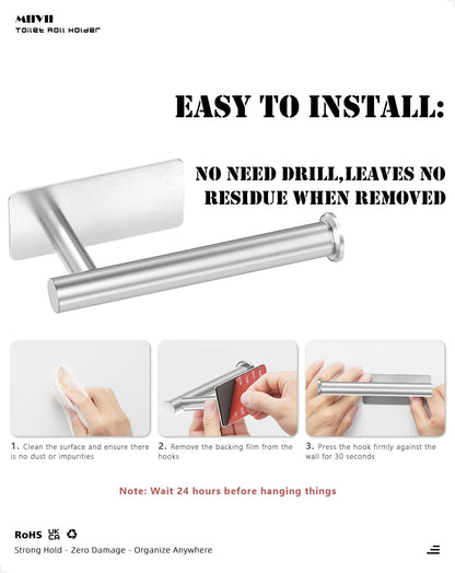 2PCS Toilet Roll Holder Self Adhesive, Paper Towel Holder Stainless Steel Rack Wall-Mounted for Kitchen, Bathroom