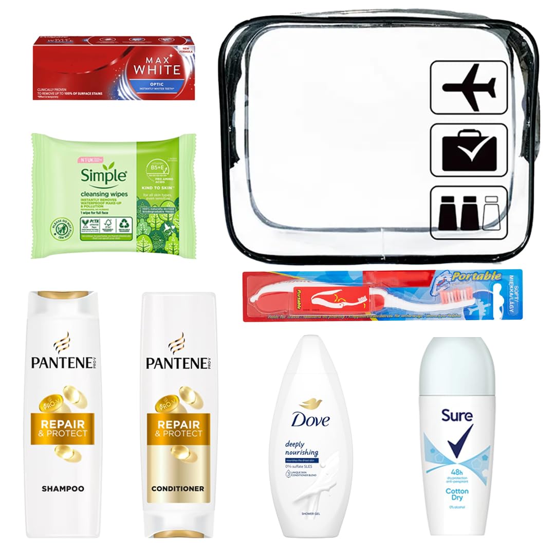 Womens Mini Travel Toiletries Set - Essentials for Hospital, Materinty, Camping, Holiday & Vacation, Travel Size Toiletries Under 100ml, Clear Travel