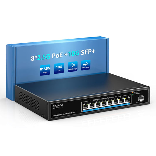 8 Port 2.5G PoE Switch Unmanaged with 8 x 2.5Gb Base-T PoE+@120W + 10G SFP Uplink, NICGIGA 2.5Gbe IEEE802.3af/at Power Over Ethernet Switch, Support