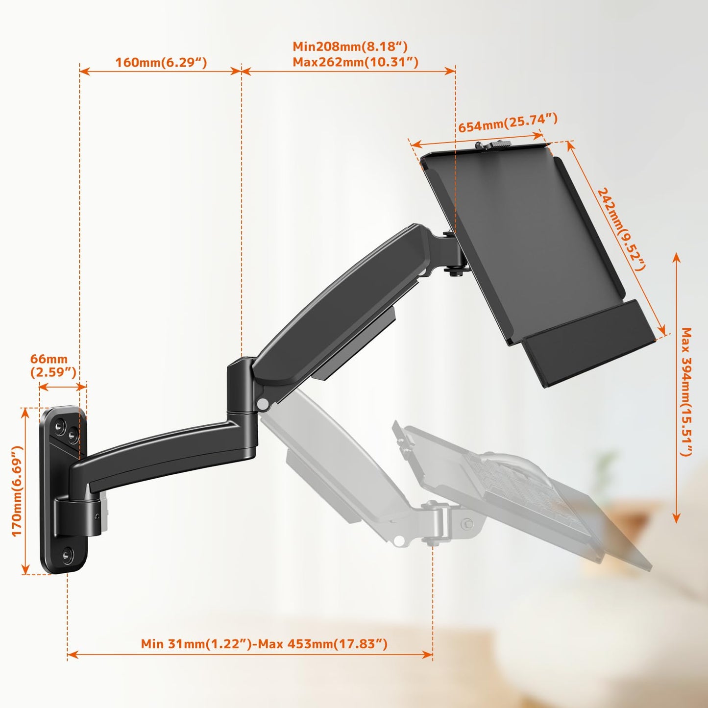 PUTORSEN Wall Mounted Keyboard Tray, Pneumatic Spring, Height Adjustable