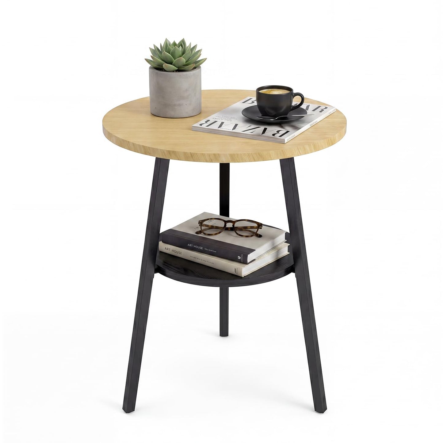 Small Round Side Table, 2-Tier Coffee Table with Storage Shelf