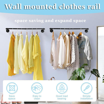 Exquilnova 120CM Wall Mounted Clothes Rail,Black Metal Clothing Rack,Multifunctional Heavy Duty Clothes Rail,Hanging Rails Suitable for