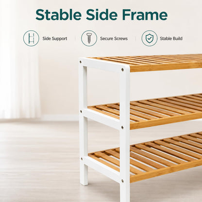 1ABOVE Bamboo Shoe Rack, Plant Rack, Perfect for Corridor, Living Room, Bathroom, Bedroom, Hallway or Small spaces-Parent. (White & Natural, 3 Tier)