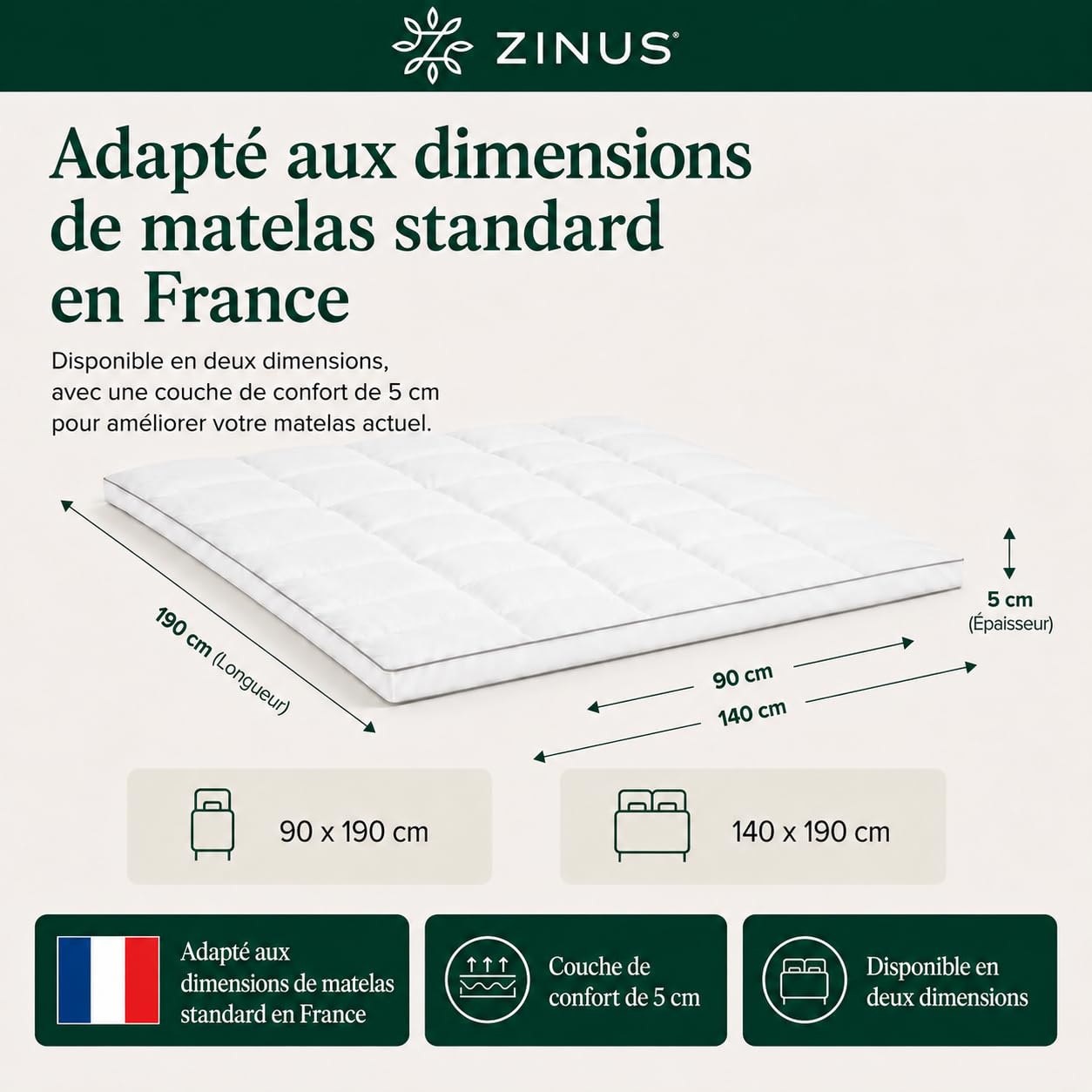 Zinus Mattress Topper, Polyester, White, 190 x 140 cm