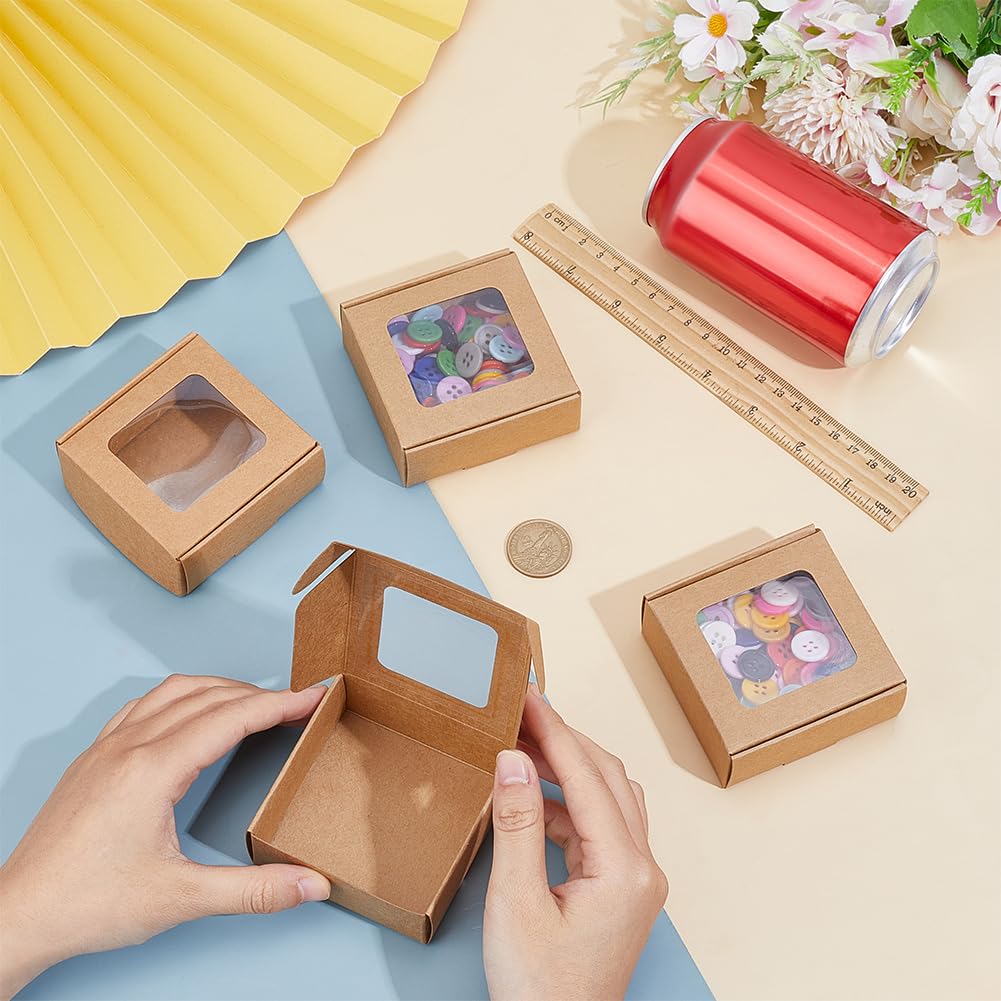BENECREAT 60 Pack Square Clear Window Box, Brown Kraft Paper Container Party Favor Packaging Boxes