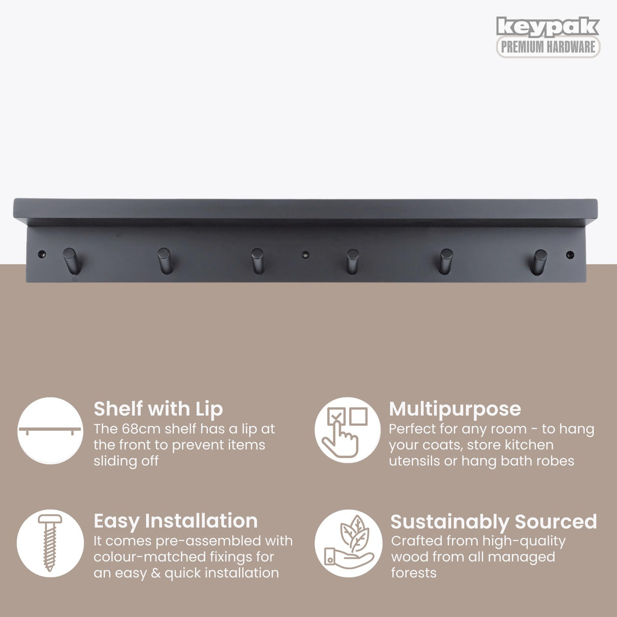 keypak 6 Coat Hooks with Shelf, 68cm Wooden Floating Shelf with Lip