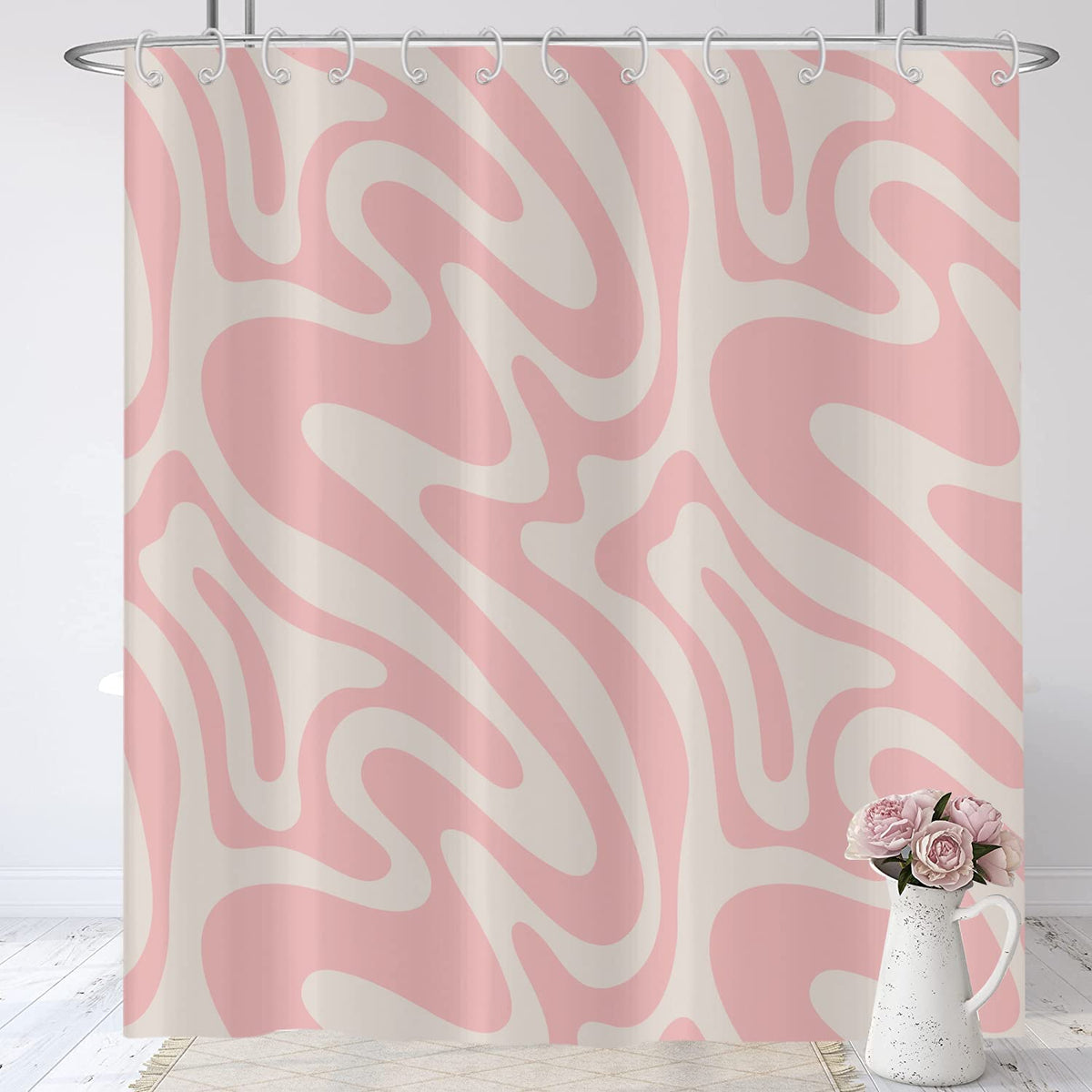 Hnmdmyi Pink Shower Curtain 120x180, Abstract Retro 70s Shower Curtains Modern Aesthetic Wavy Swirl Minimalist Girls Bathroom Curtains Waterproof