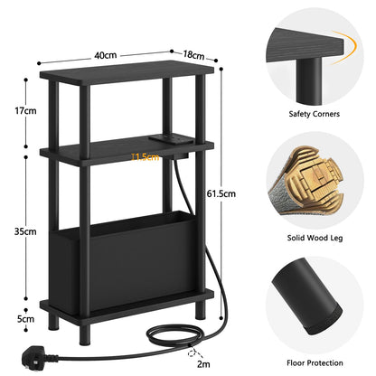 APICIZON Narrow Side Table, 3 Tier Bed Side Table, Slim End Table with Charging Station, for Living Room, Bedroom