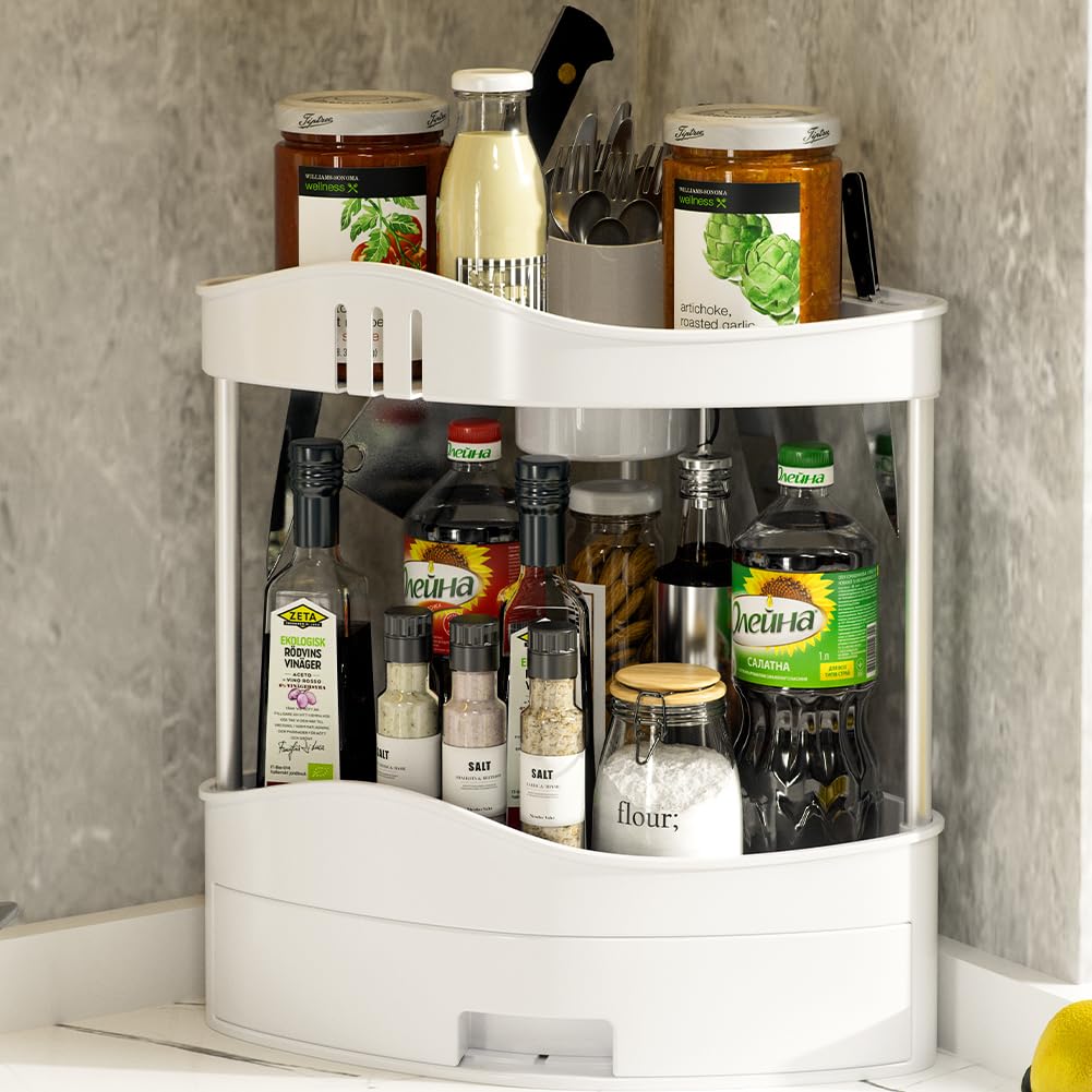 BAKAJI Bathroom Corner Shelf with Drawer, Multi-Shelf Organizer Hard Plastic, Corner Shelf Unit, Minimal Organizer Shelf for Bathroom, Kitchen