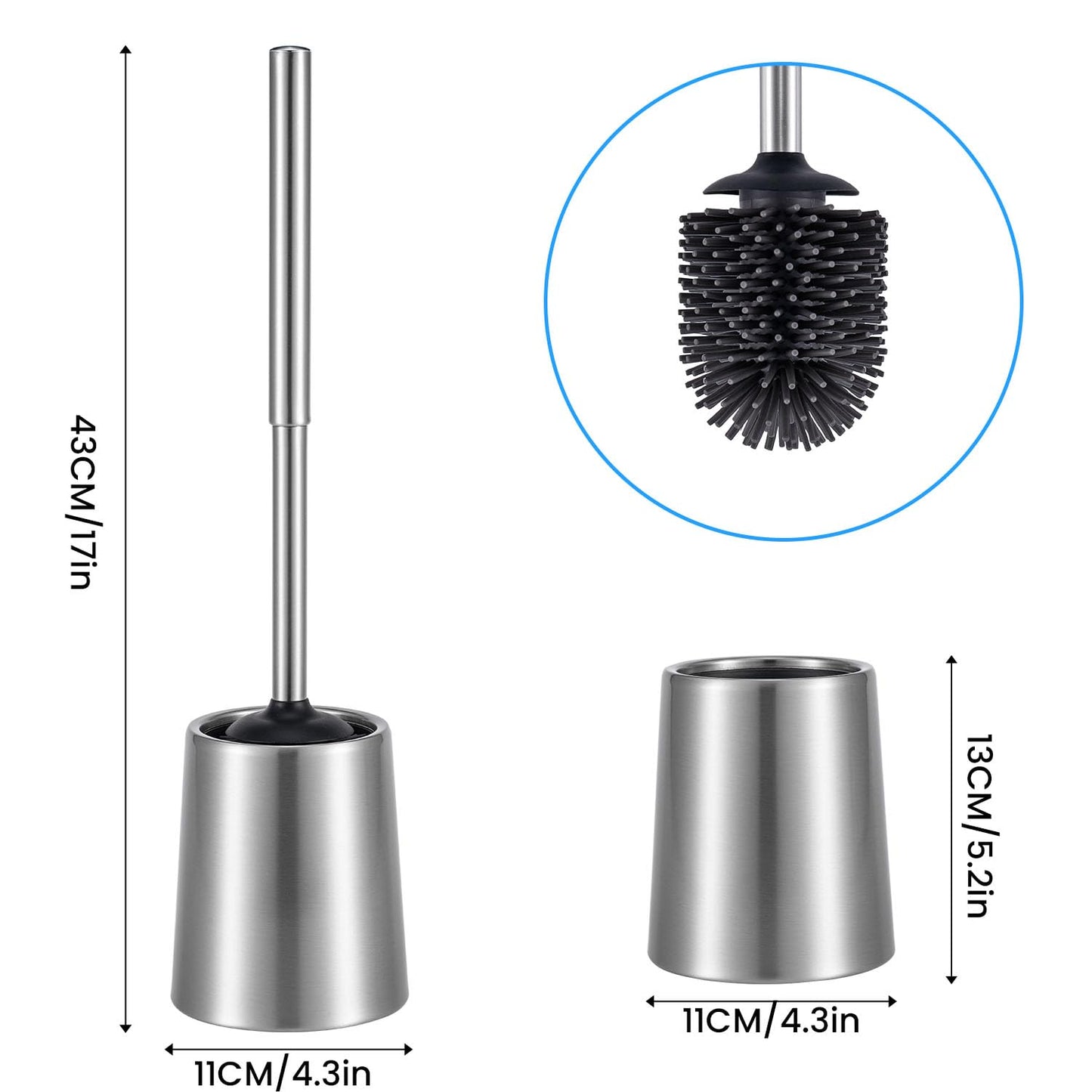 Smartbin Stainless Steel Toilet Brush and Holder Toilet Brush Bowl Cleaning Brush Double Layer Holder Long Brush Handle High Density Silicone Head