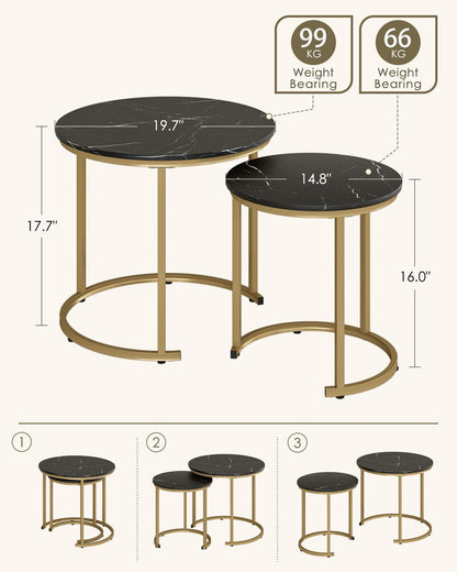 HEYZOEY Round Coffee Tables, Removable Set of 2 End Table, Nesting Table, Side Table with Gold Metal Frame Legs and Marble Black Top for Living Room