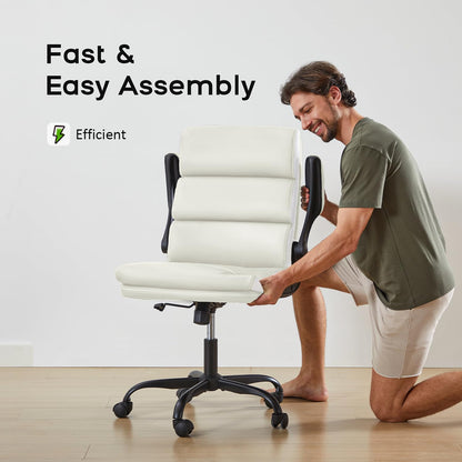 LukkDys Executive Office Chair with Flip-Up Armrests, 3-Stage Lumbar Support, Ergonomic Mid Back PU Leather Swivel Chair