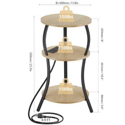 YEAKOO Small Side Table with Charging Station,3-Tier Round end Table