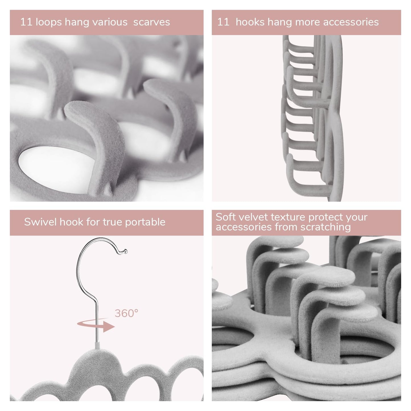 ManGotree Velvet Scarf Storage Hangers with 11 Loops and Hooks 2 Pack Grey