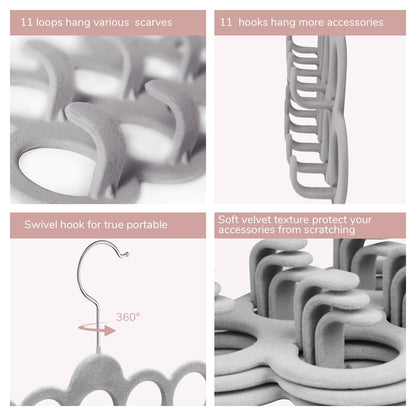 ManGotree Velvet Scarf Storage Hangers with 11 Loops and Hooks 2 Pack Grey