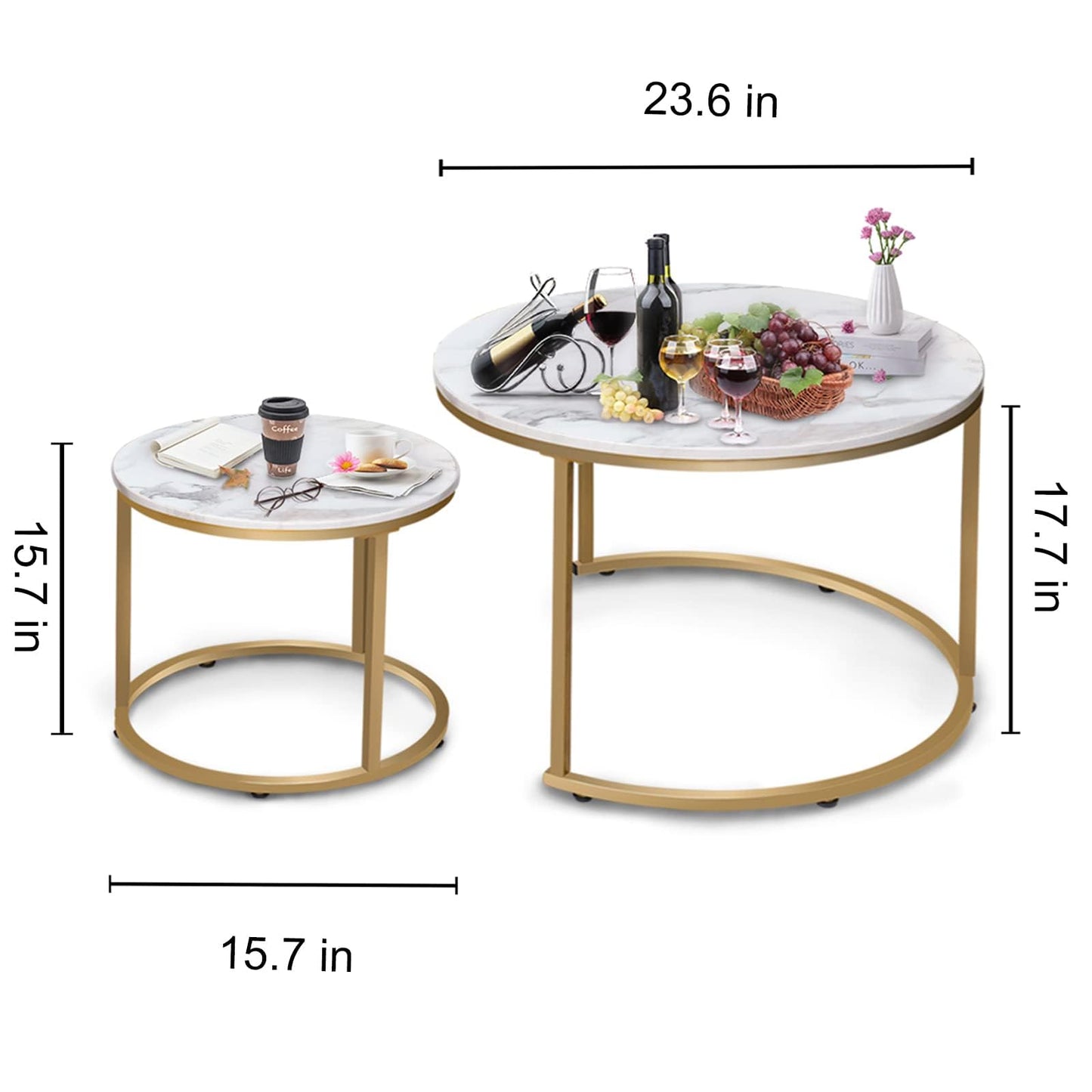 Garden 4 you Round Nesting Coffee Table Set of 2 for Living Room,Marble Center Tea Nest of Table with Metal Frame,End Side table for Small