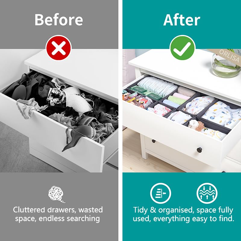 ORLISA 16 Pack Drawer Organiser Set for Hemnes Dressers, Fabric Drawer Dividers & Wardrobe Organisers for Clothes Storage, Underwear