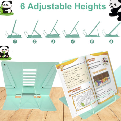 Garegce Book Stand Folding with Page Paper Clips, Cute Animal Panda Book Holder, Cookbook Stands 6-Position Adjustable Height for Reading
