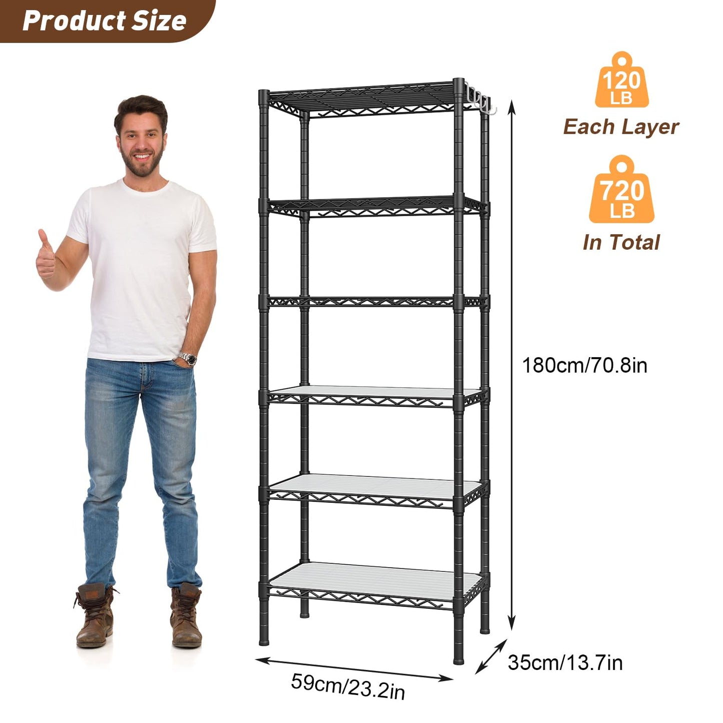 6-Shelf Storage Rack Unit With Height Adjustable Shelves & Levelling Feet