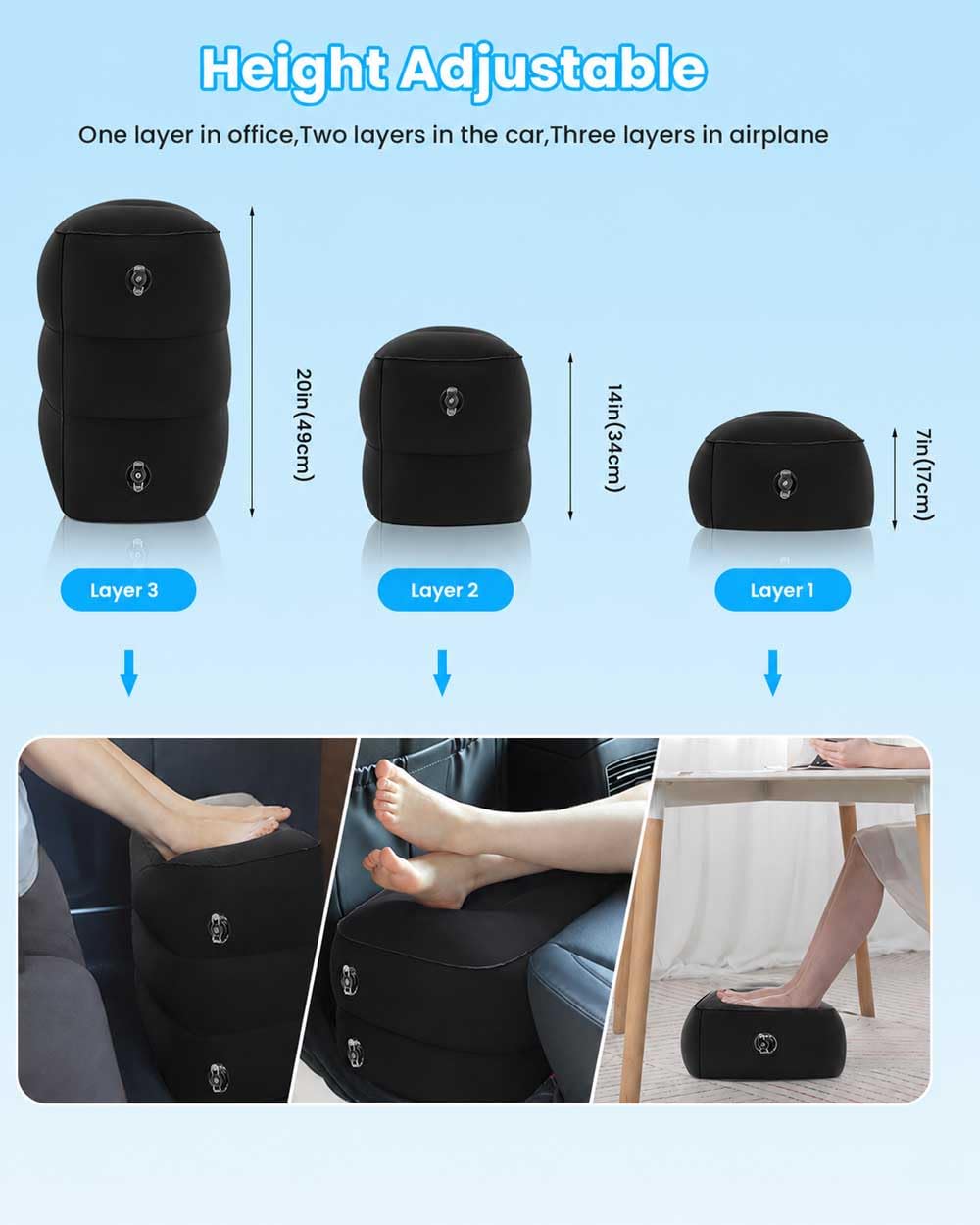 Airplane FootRest: Inflatable Footrest for Kids to Sleep, Adjustable Height Leg Rest Pillow in Office & Home, Toddlers Travel Bed Box