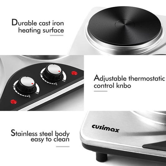 Double Hot Plate, CUSIMAX Electric Hot Plate for Cooking Portable Electric Hob, Cooktop Table Top Hob with 2 Cast Iron Portable Hob Rings Electric