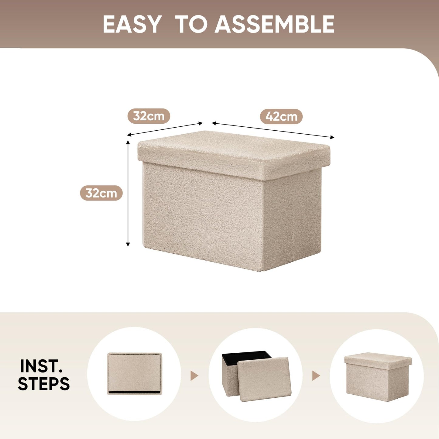 Bonlife Ottoman Seat with Storage,Folding Small Footstool for Living Room,Cube Toy Chest Box,Foot Rest,Sherpa Fabric,Beige,42x32x32cm